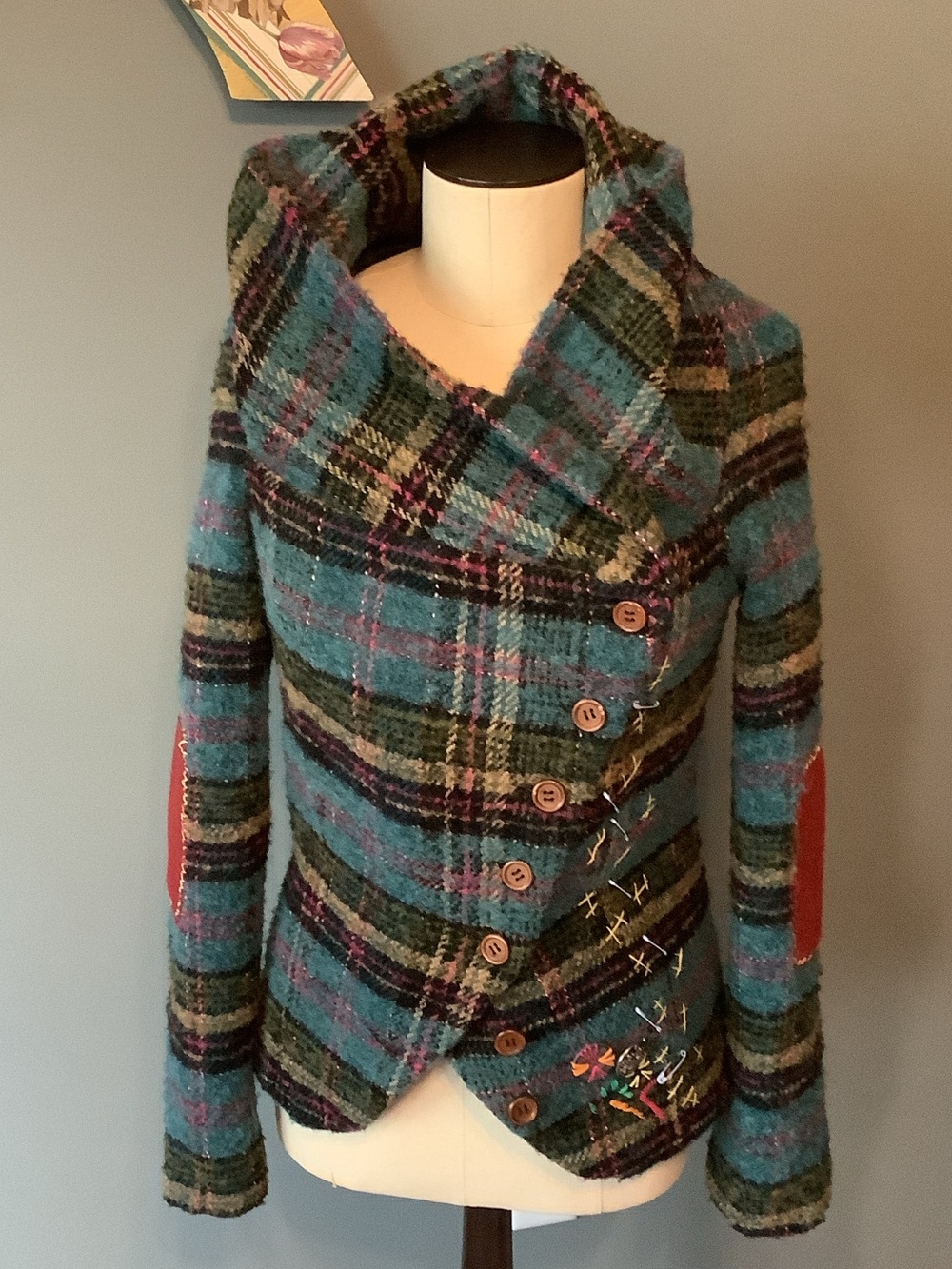 Desigual Teal Blue Green Plaid Asymmetrical Button Blazer with Embroidery